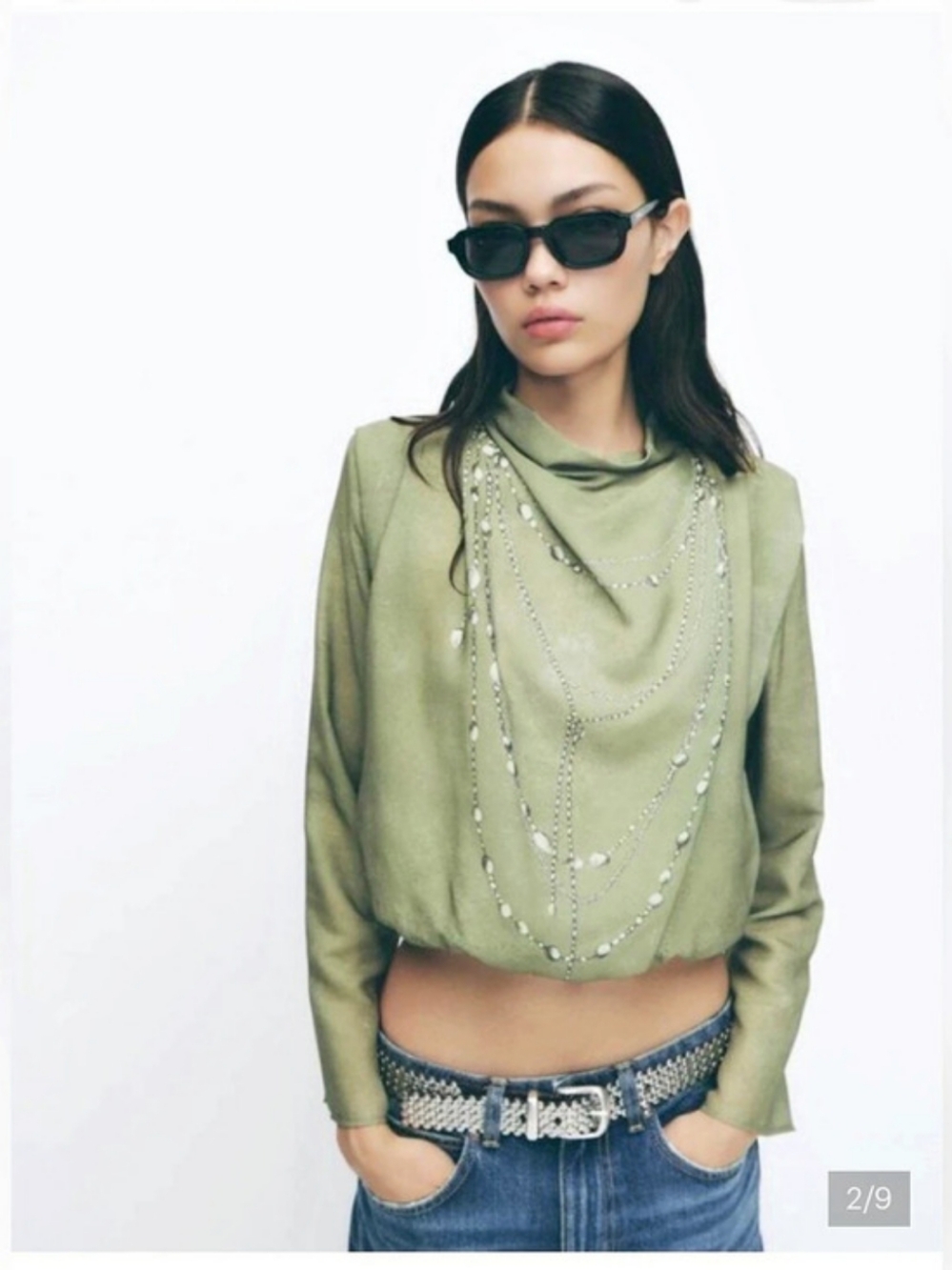 Zara Cowl Neck Blouse in GreenPrinted Necklace Size XS NWT